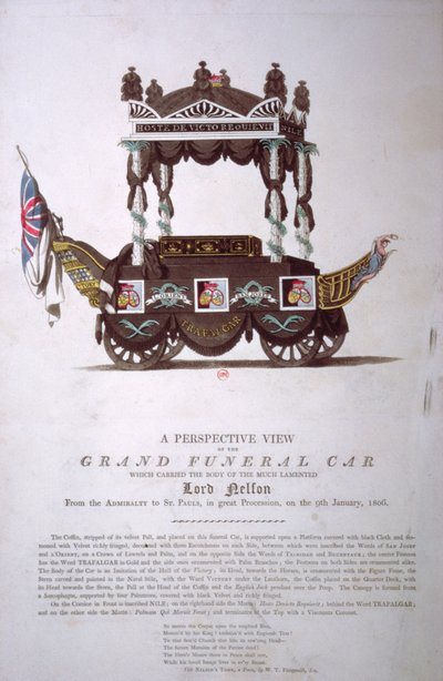 Vista en perspectiva del gran coche fúnebre que llevó el cuerpo de Lord Nelson desde el Almirantazgo hasta la Catedral de San Pablo el 9 de enero de 1806 de English School